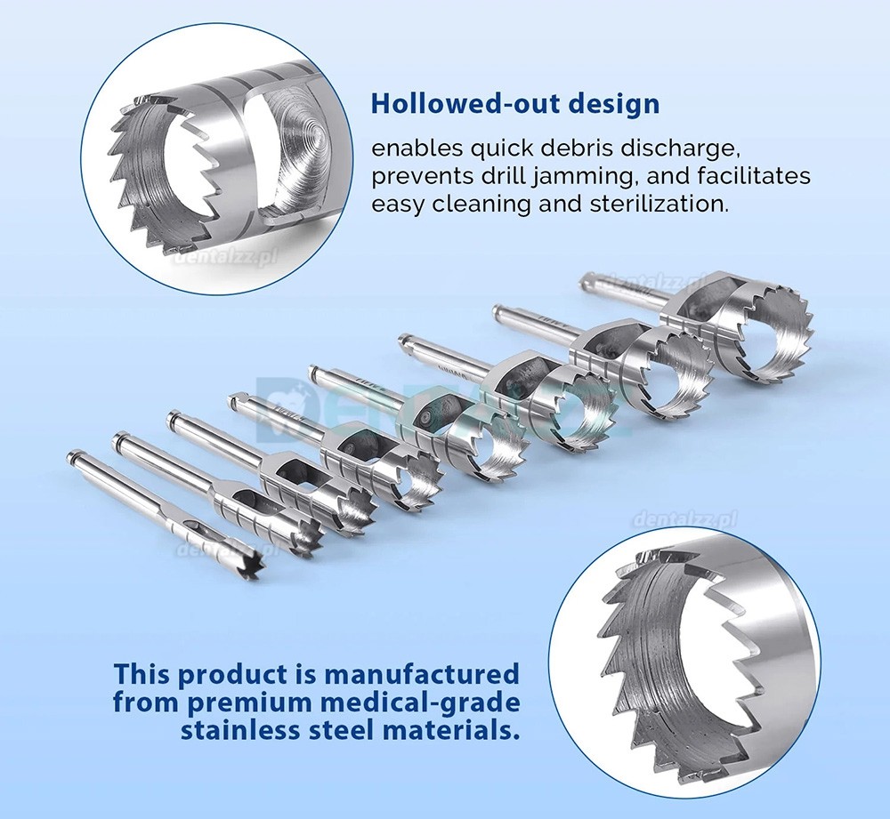 Zestaw Trepan&oacute;w Kostnych Kr&oacute;tkich Implantologicznych 8 Szt.